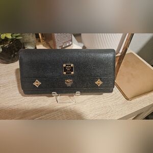 MCM Germany Long Leather TriFold Black Wallet w/Gold Details